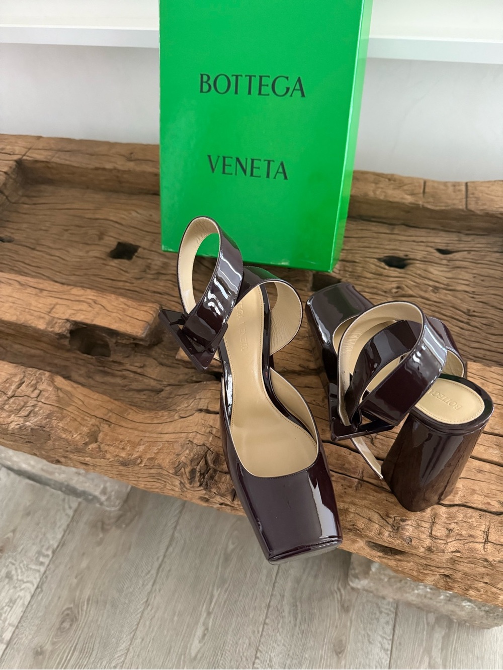 BOTTEGA VENETA Patent Platform Block Heel Ankle-Strap Pumps - Dark Brown - Picture 10 of 15
